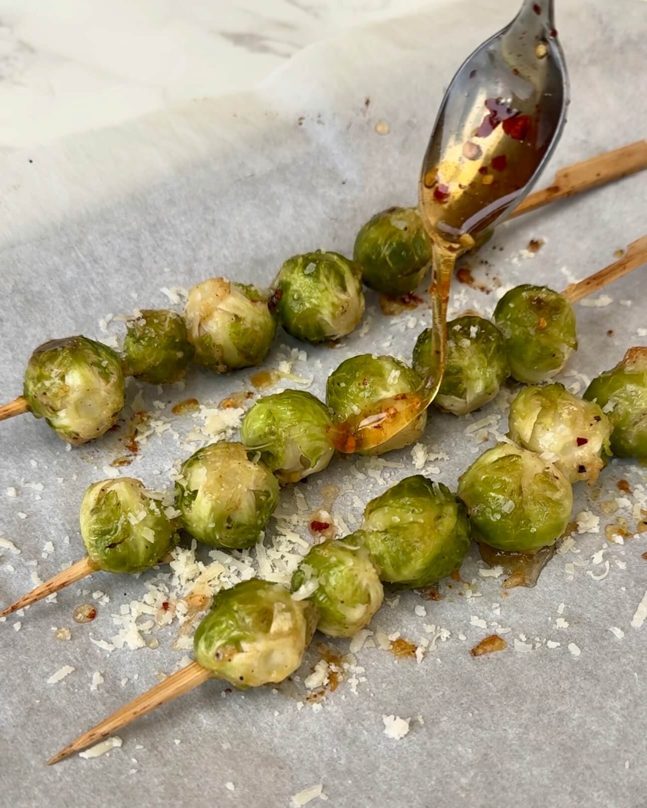 Hot Honey Roasted Brussels Sprout Skewers