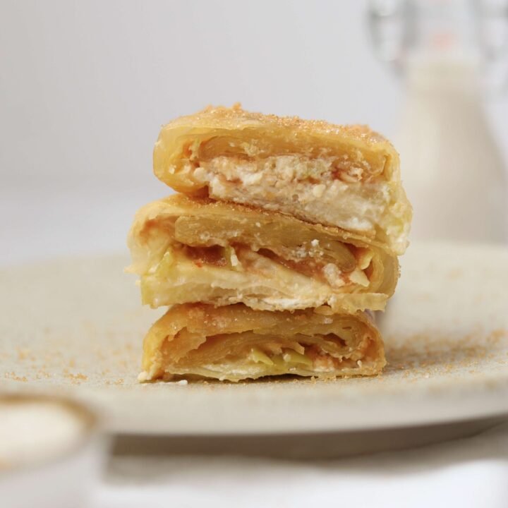 Crispy Apple Spring Rolls, cut in half showing filling