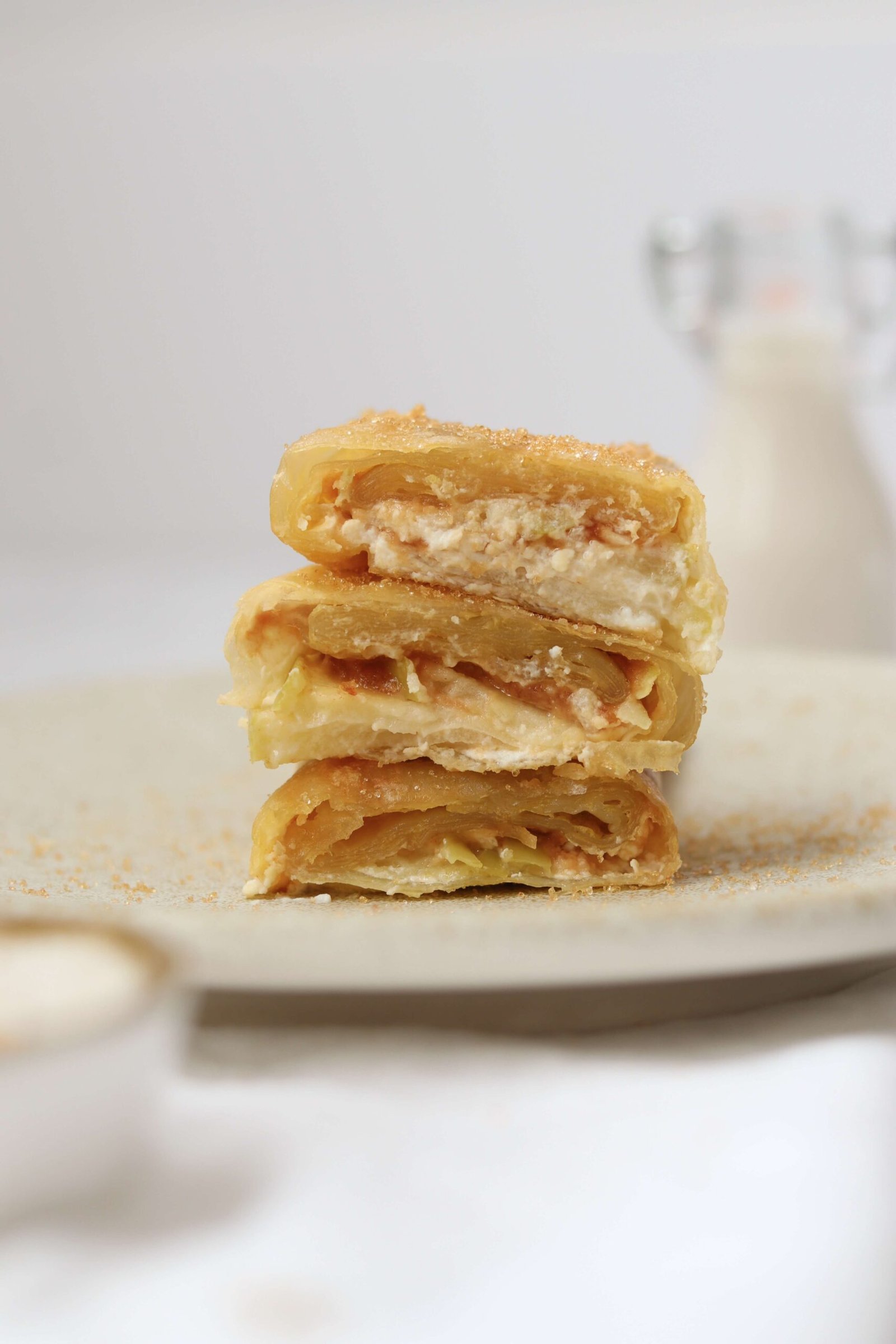 Crispy Apple Spring Rolls, cut in half showing filling
