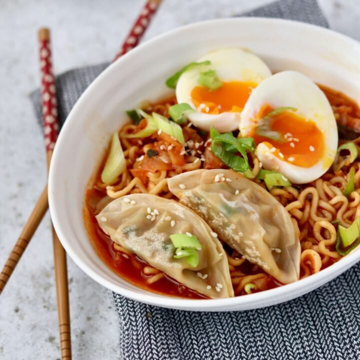 Easy and Delicious Spicy Kimchi Ramen served in bowl close up