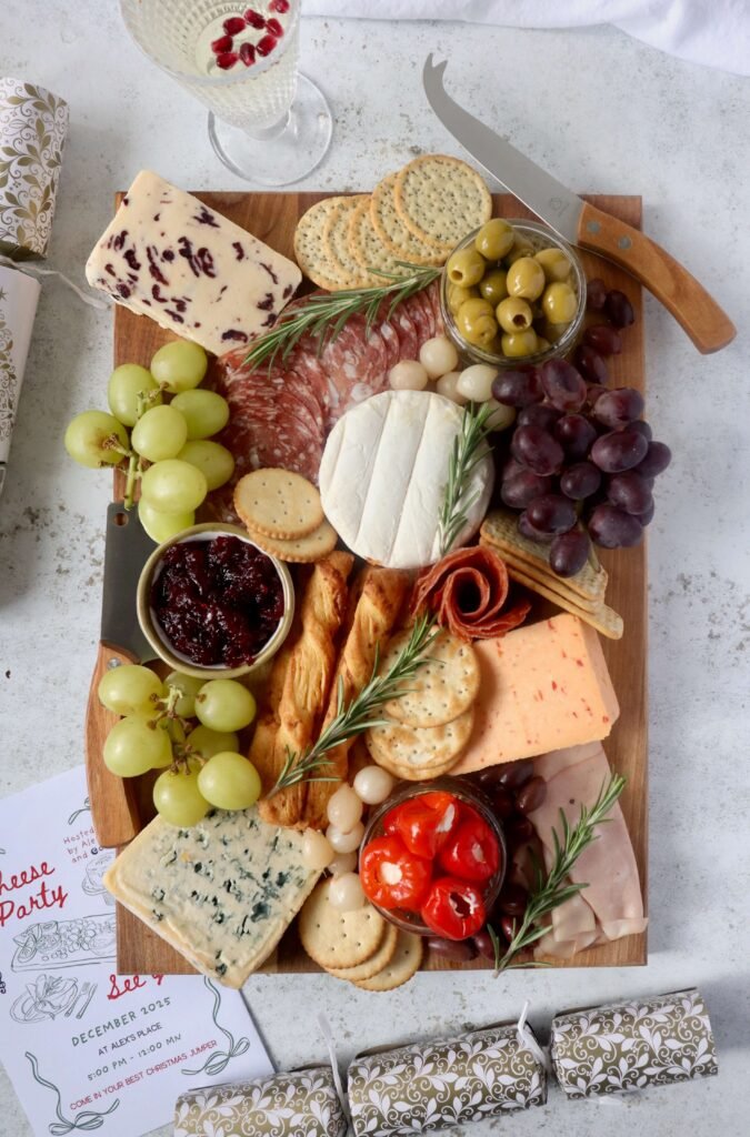 Christmas cheese and charcuterie board viewed from above