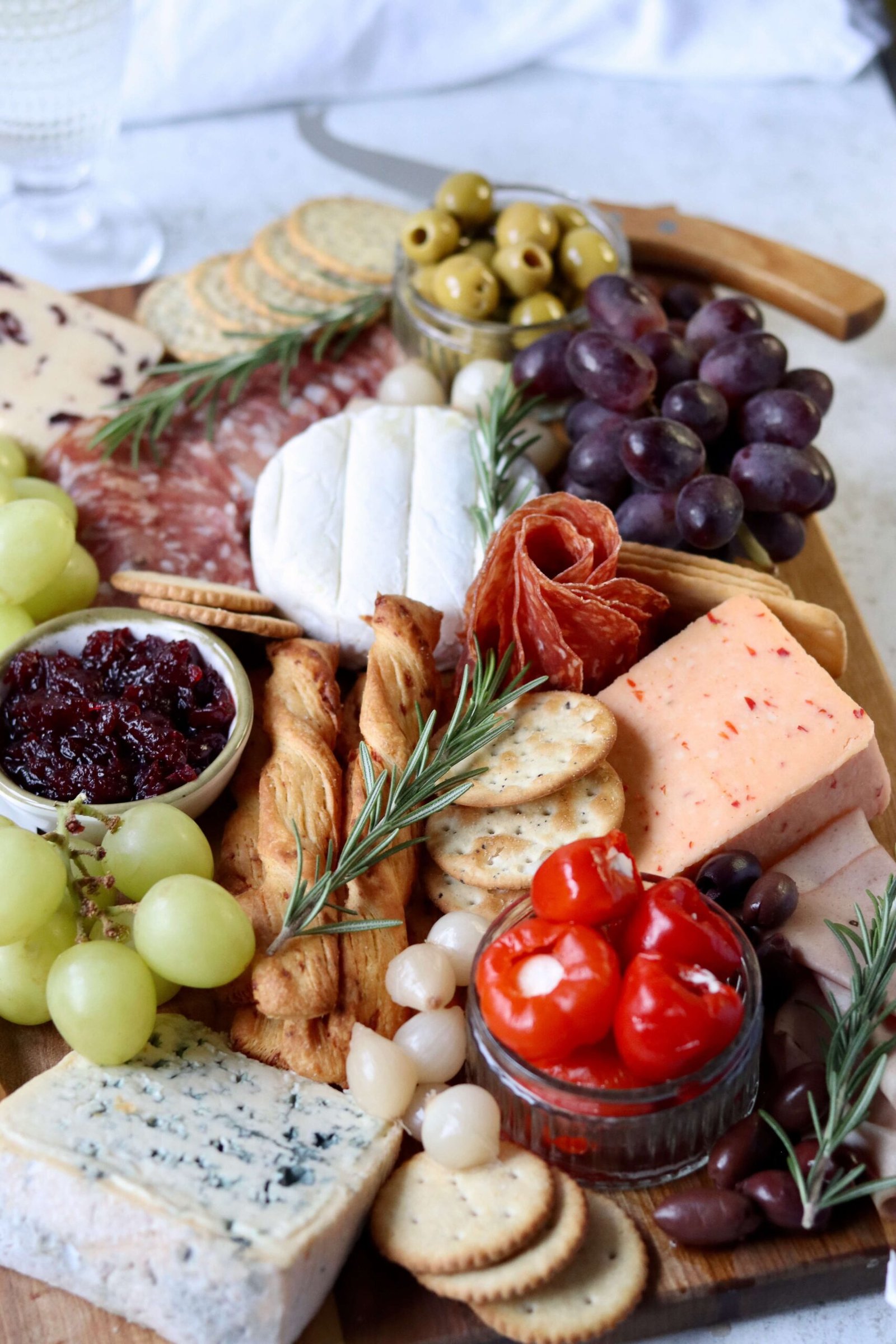 Christmas cheese and charcuterie board showing board from birds eye view
