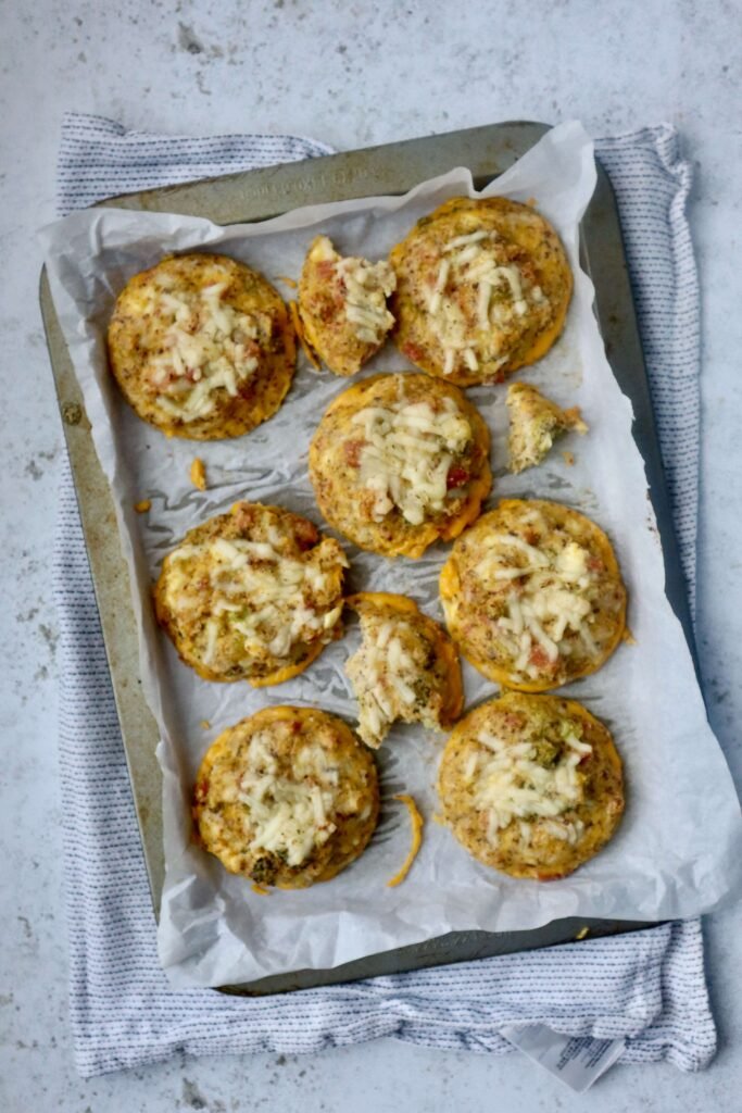 Ham and Cheese High Protein Egg Biscuits viewed from above on baking tray