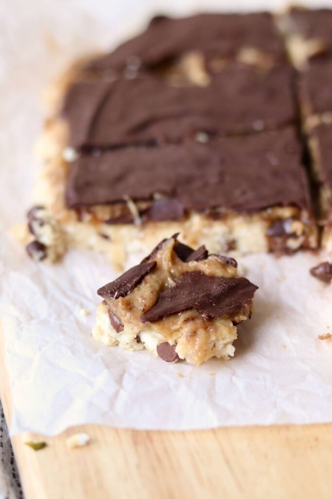 High Protein Cottage Cheese Cookie Dough Bark, a piece cut with close up