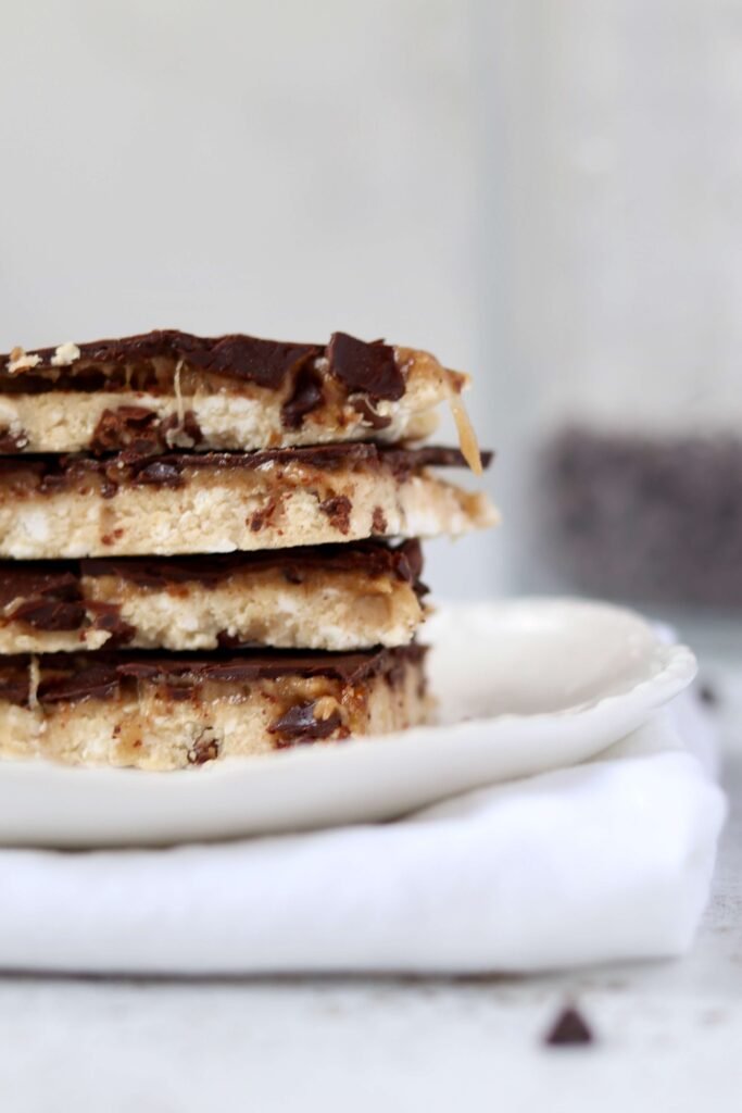 High Protein Cottage Cheese Cookie Dough Bark stacked pieces shows close up