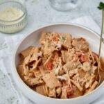 Spicy and creamy chicken Brousin pasta serves on a pasta bowl
