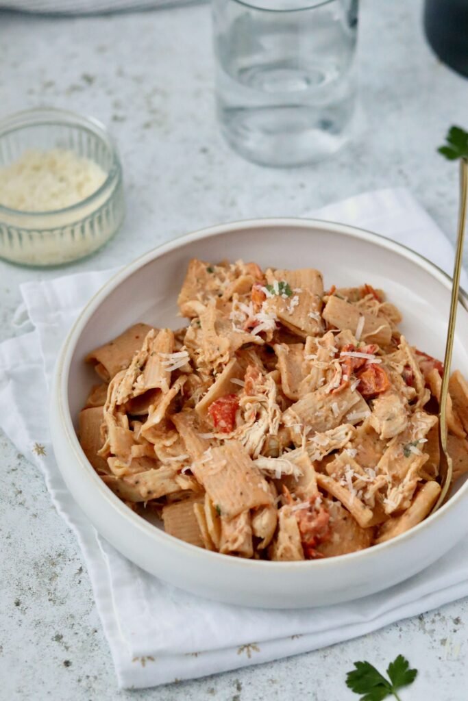 Spicy and creamy chicken Brousin pasta serves on a pasta bowl