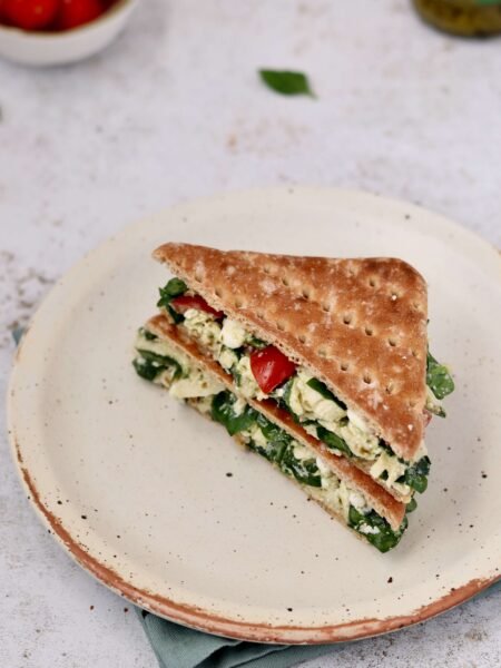 Pesto Chicken Cottage cheese Sandwich but in half viewed from above