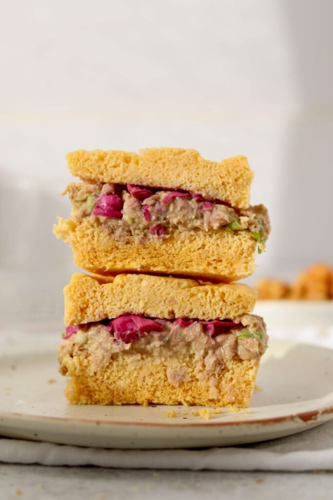 The Easiest Chickpea Bread, cut in hals and seen from front