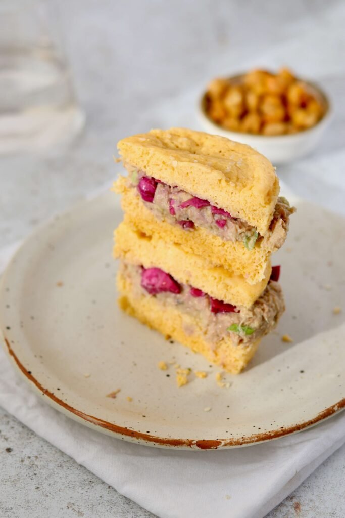 The Easiest Chickpea Bread, cut in hals and seen from birds eye view
