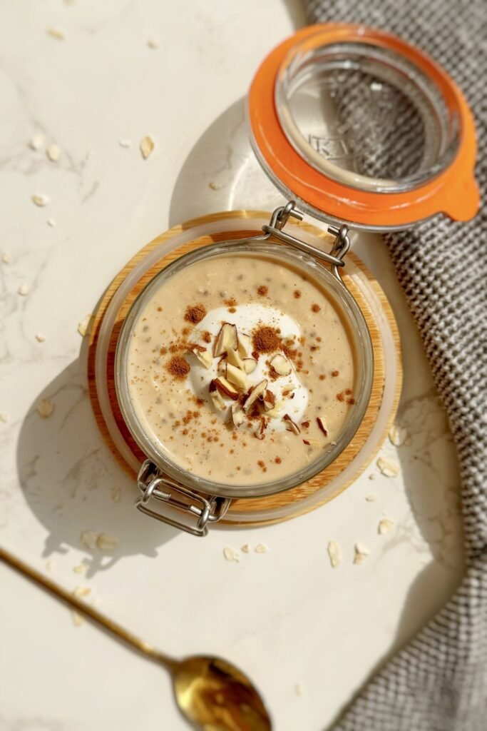 Overhead view into an open jar of pumpkin spice latte overnight oats, showing the creamy oat mixture topped with yoghurt and toasted almonds.