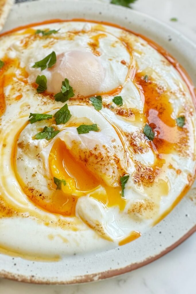 Turkish eggs (çılbır) with poached egg on garlic yoghurt, spiced butter and herbs