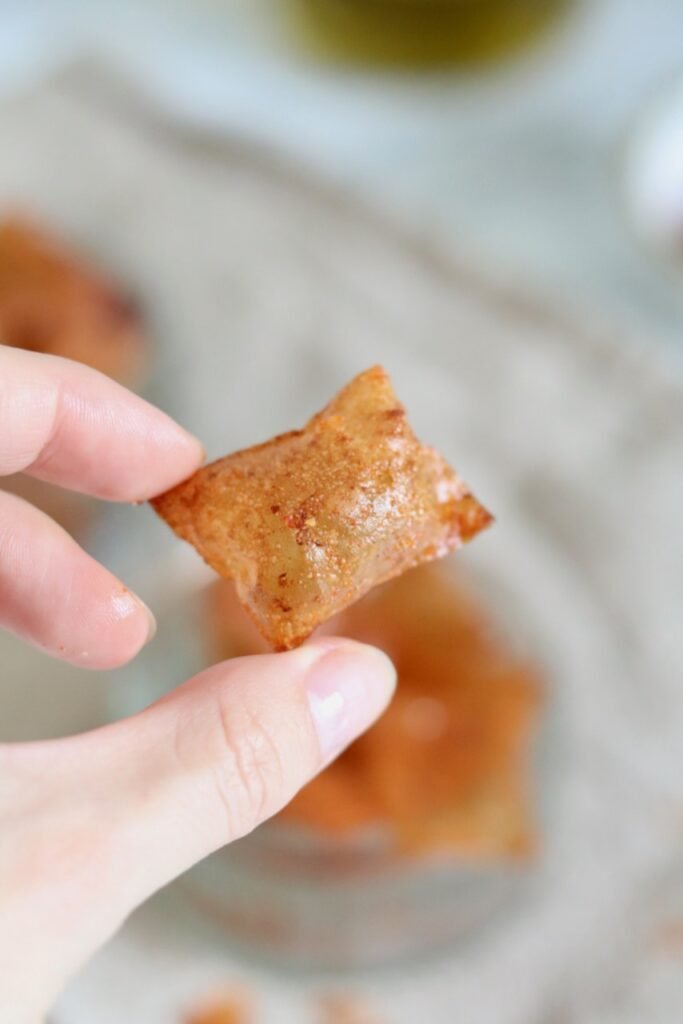 Close up of a single crispy BBQ rice paper chip held between two fingers