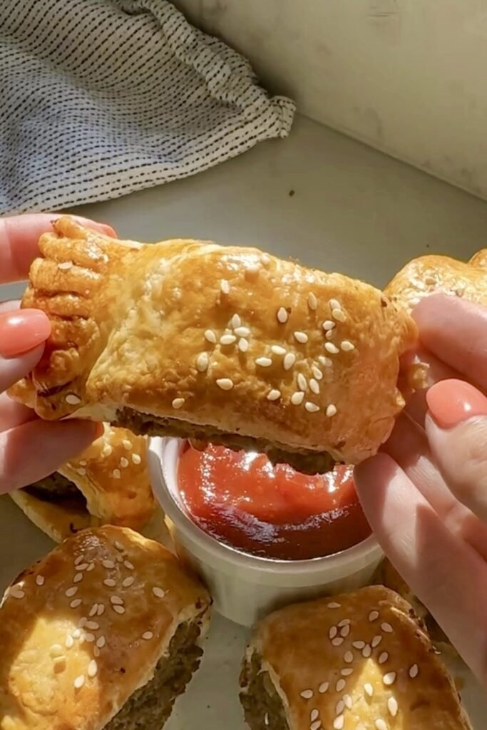 Hand holding a puff pastry sausage roll over a pot of ketchup