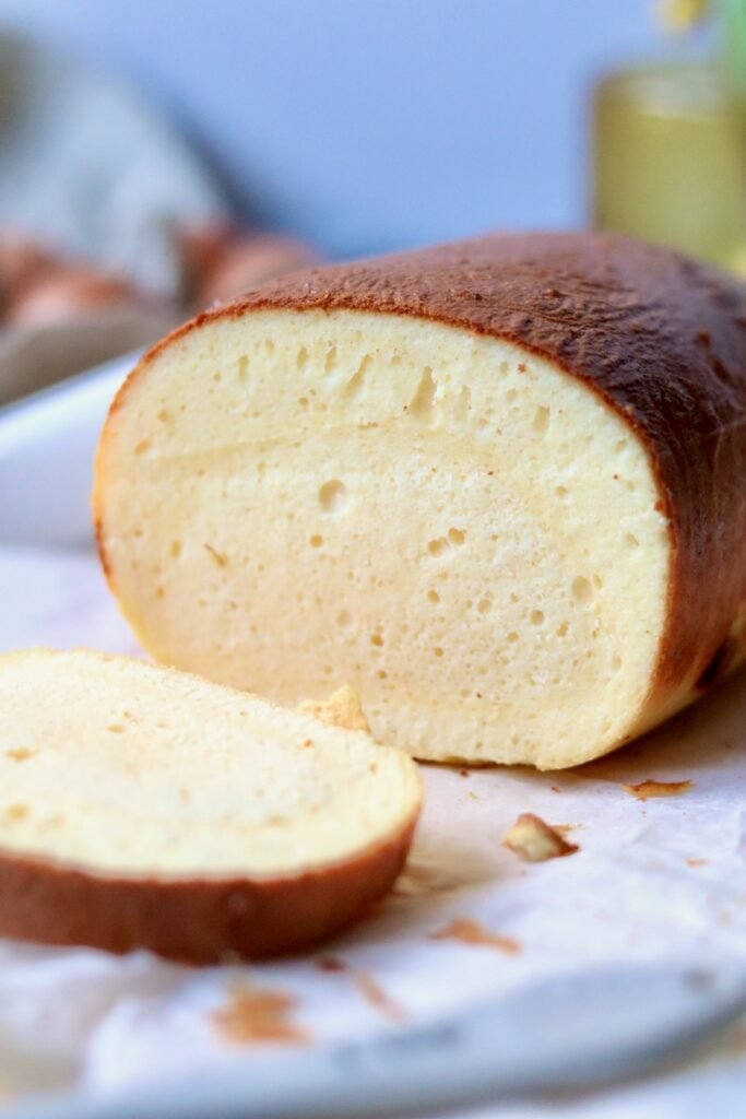 Cottage cheese bread loaf with a slice cut