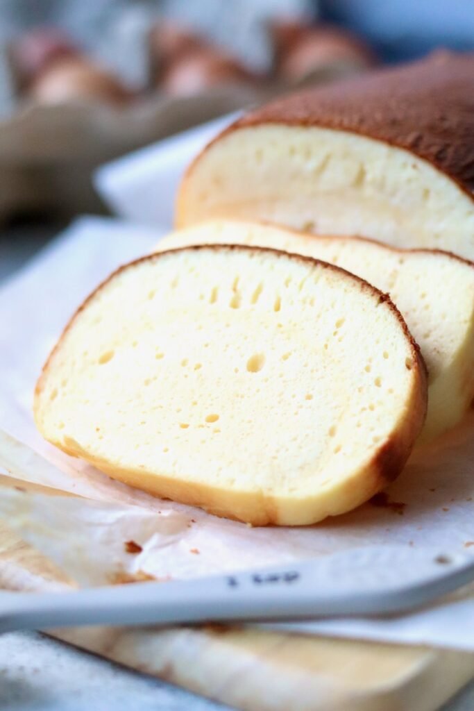 Close up of the soft crumb of flourless cottage cheese bread