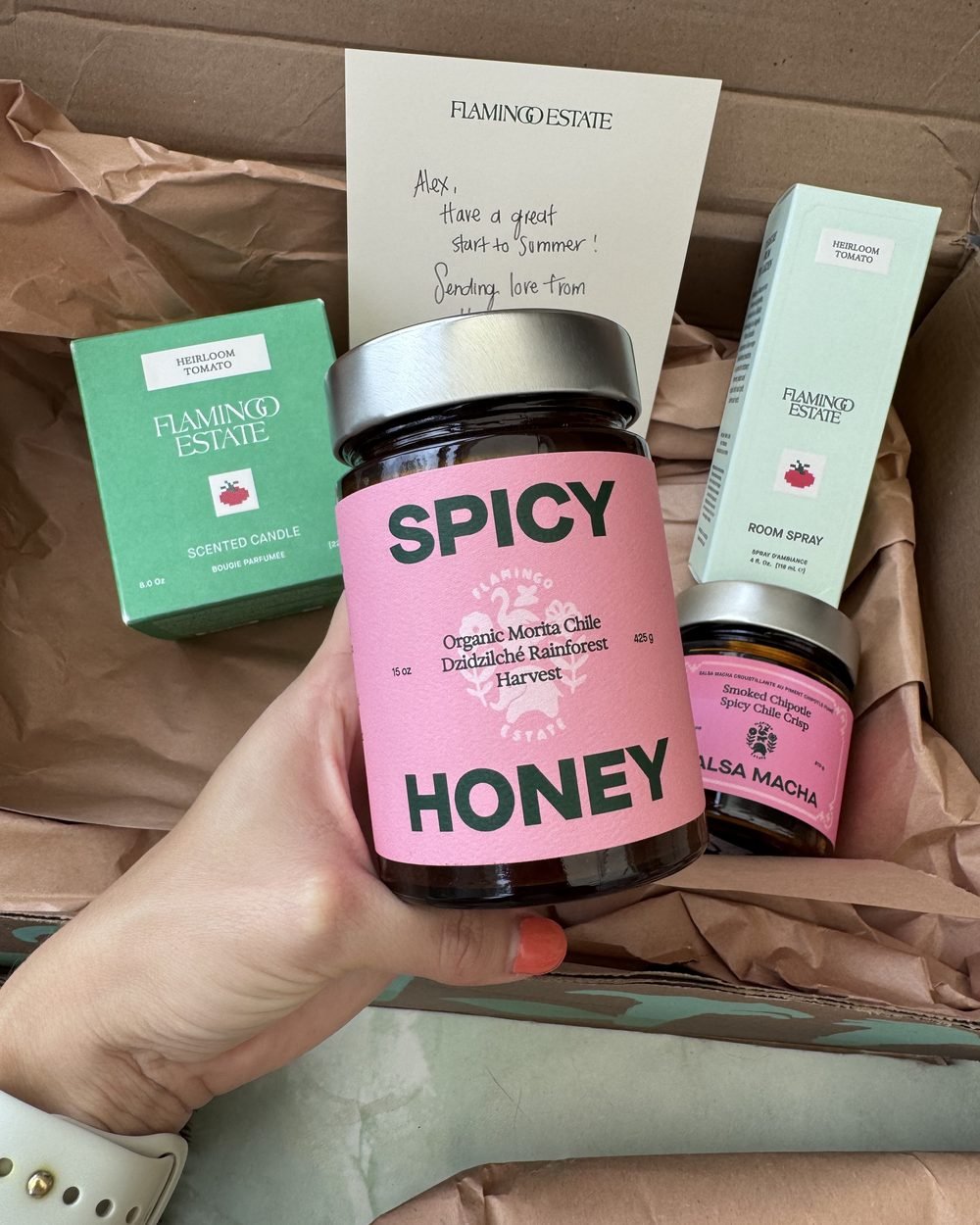 Flamingo Estate Spicy Honey and Salsa Macha chile crisp jars