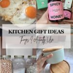 Kitchen gift ideas collage: eggs in the Always Pan, Flamingo Estate jars, glass storage jars and ceramic canisters