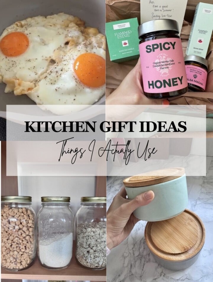 Kitchen gift ideas collage: eggs in the Always Pan, Flamingo Estate jars, glass storage jars and ceramic canisters