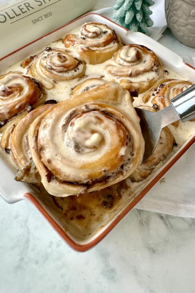 Close up of homemade Christmas cinnamon rolls in the baking dish