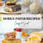 Collage of rice paper recipes: sushi burrito, rice paper chips, strawberry spring rolls and mango mochi, with the text 34 Rice Paper Recipes, Crispy to Sweet