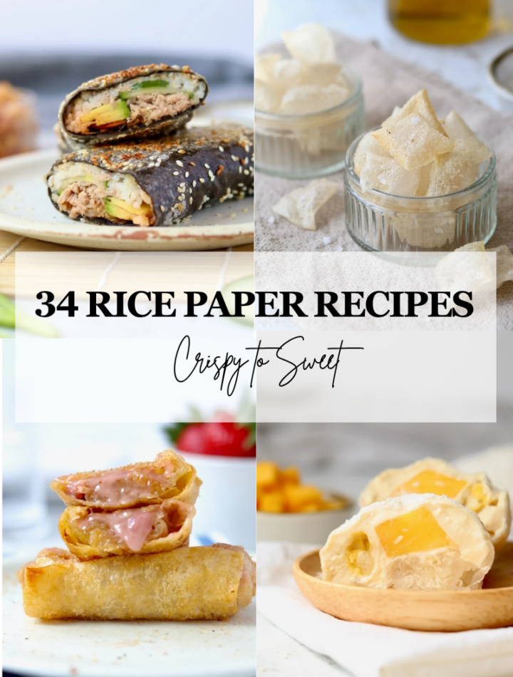 Collage of rice paper recipes: sushi burrito, rice paper chips, strawberry spring rolls and mango mochi, with the text 34 Rice Paper Recipes, Crispy to Sweet