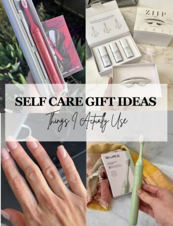Self care gift ideas collage: SURI toothbrush, ZIIP HALO, Manucurist nail polish