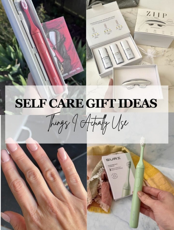 Self care gift ideas collage: SURI toothbrush, ZIIP HALO, Manucurist nail polish
