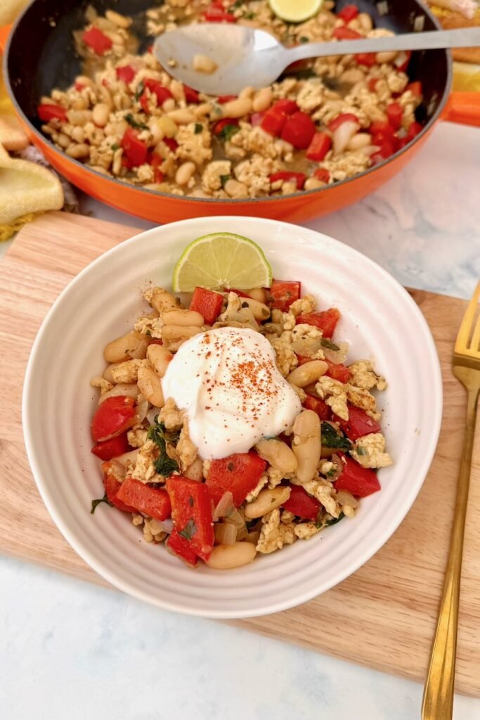 Healthy turkey chili with cannellini beans and a spoonful of Greek yogurt