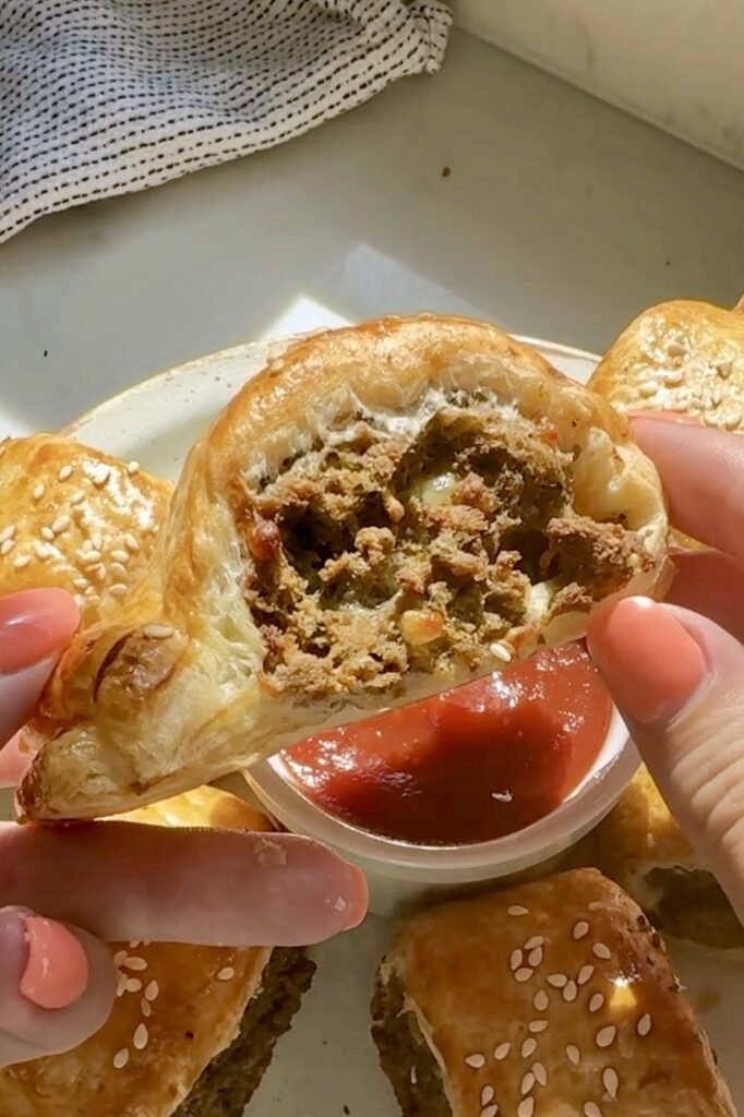 Close up of a homemade vegetarian sausage roll filling