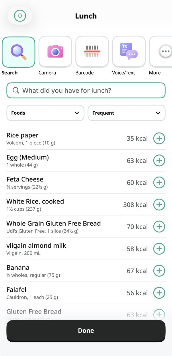 The Yazio Pro add a meal screen with Search, Camera, Barcode and Voice or Text options
