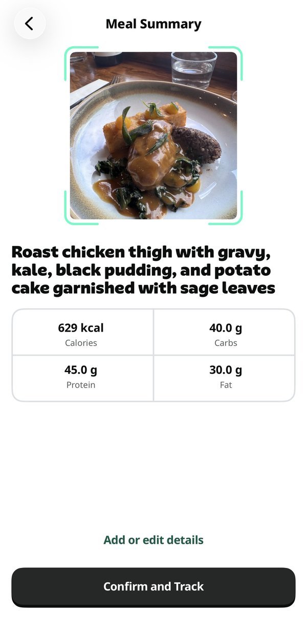 Yazio Pro meal summary after logging a restaurant meal from a photo