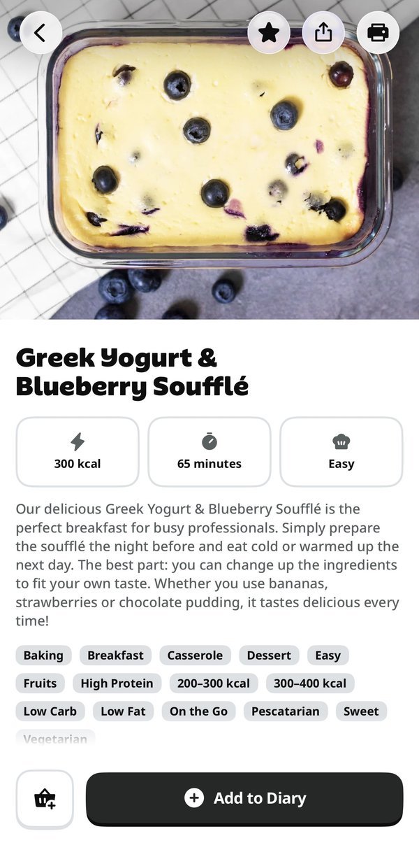 The original Greek Yogurt and Blueberry Soufflé recipe in the Yazio Pro app