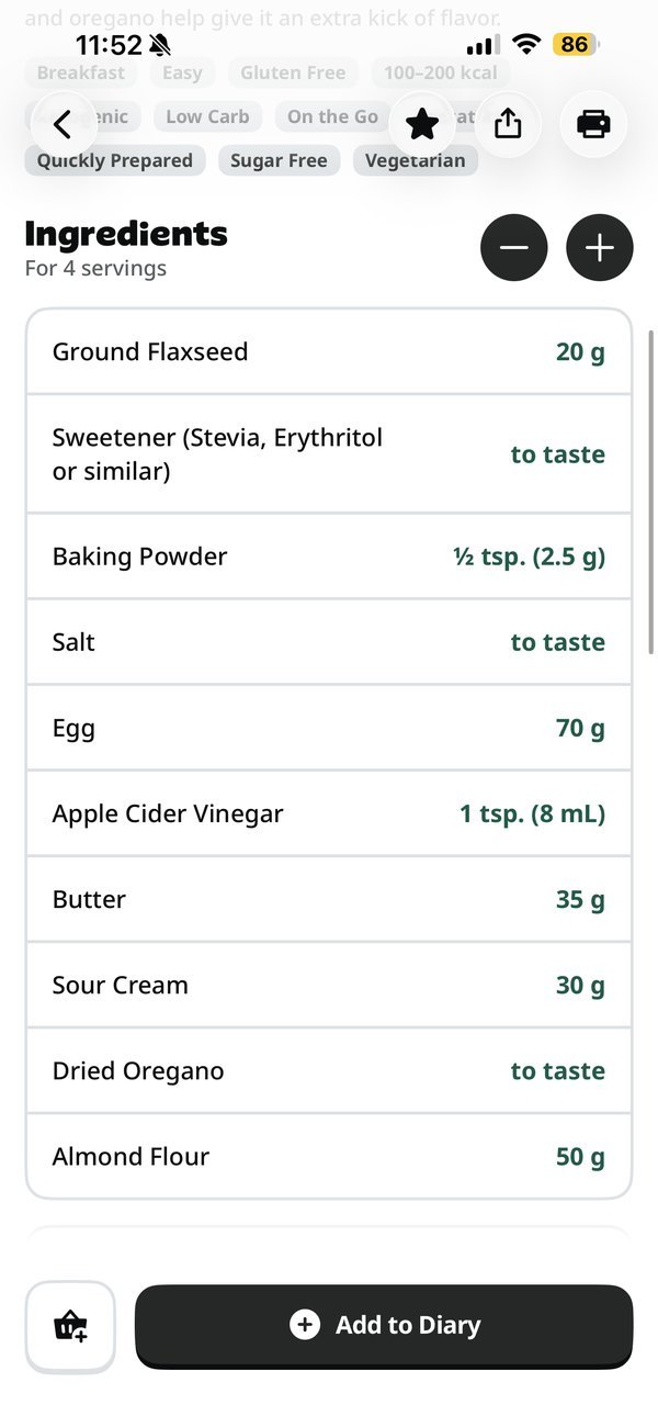 The Microwave Toast ingredients in the Yazio Pro app