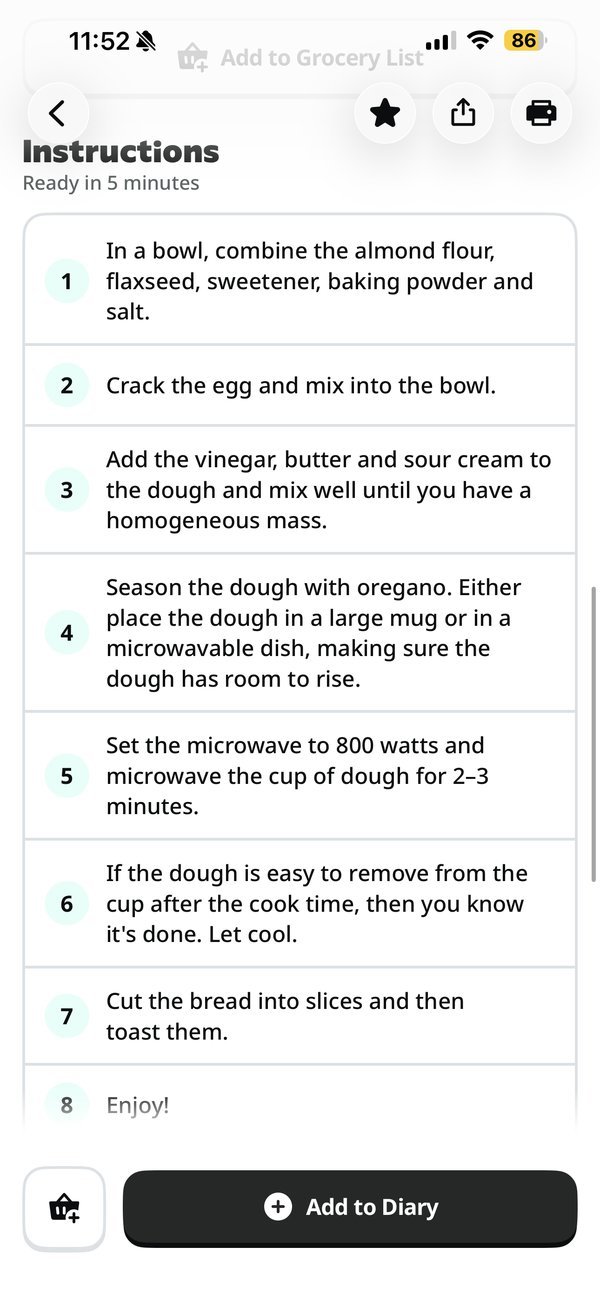 The Microwave Toast method in the Yazio Pro app