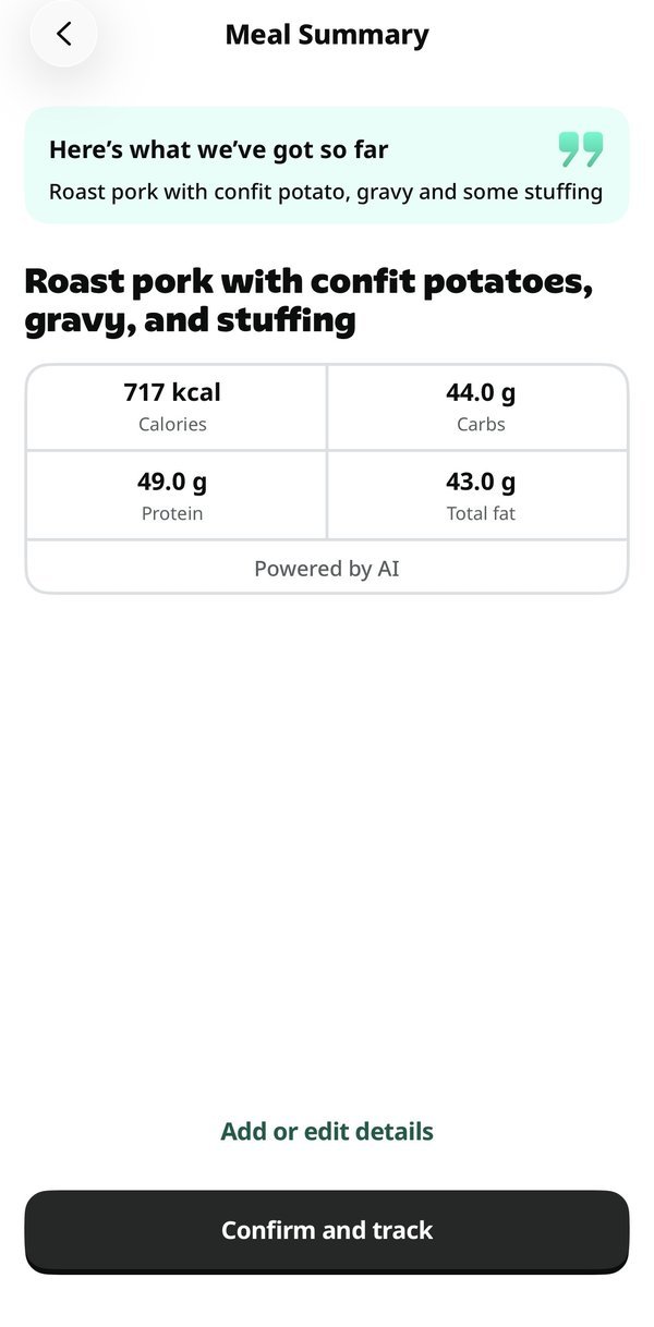 Yazio Pro meal summary after logging roast pork with the Voice Tracker